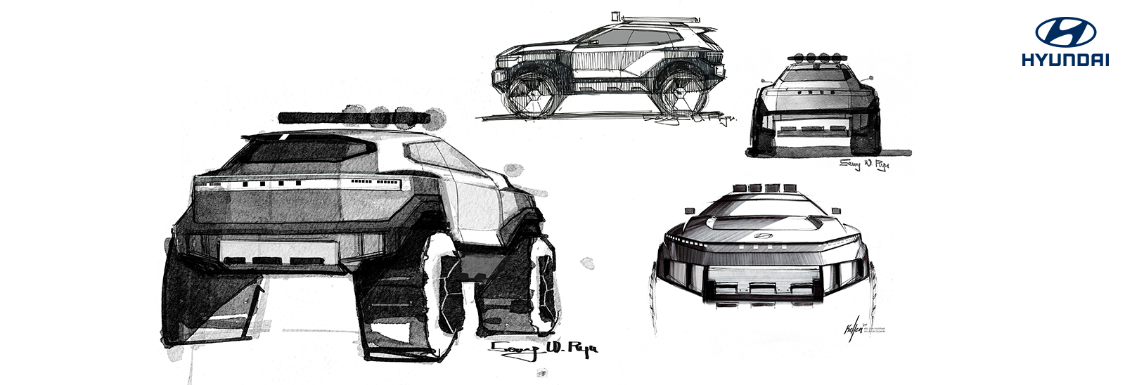 Vista frontal de Hyundai Crater Concept en color Dune Gold Matte con diseño Art of Steel